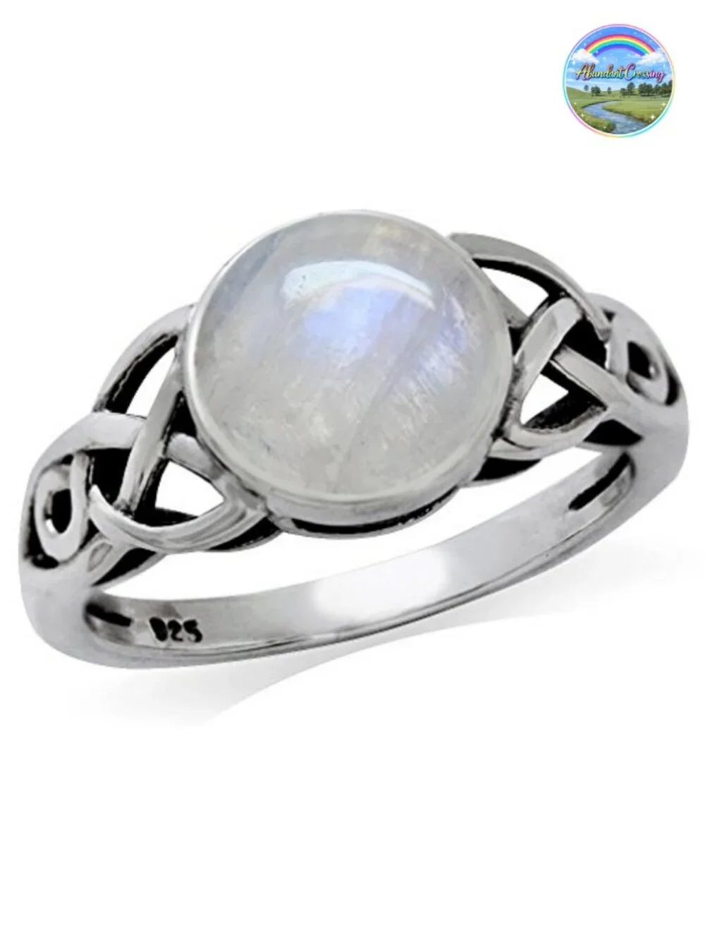 8mm Natural Moonstone 925 Sterling Silver Triquetra Celtic Knot Ring